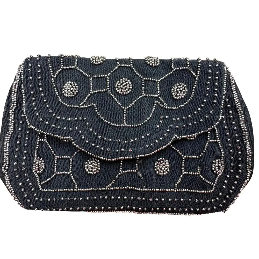 Vintage art deco beaded Black Silver flapper style clutch belt bag handmade 20s
